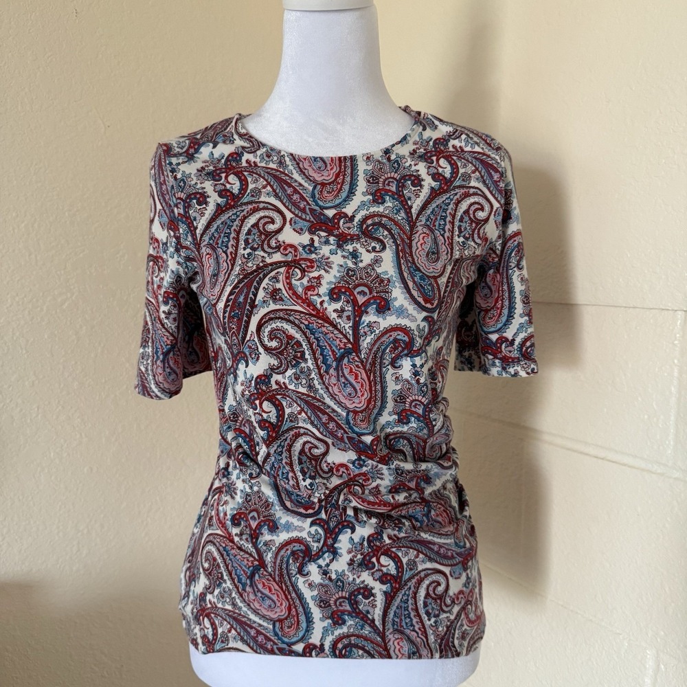 Talbots Paisley Top Women SP Red Blue Side Ruched‎ Short Sleeve Crew Neck Casual